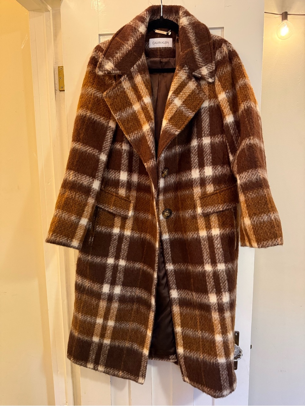 Calvin Klein Brown and Cream Plaid Long Coat